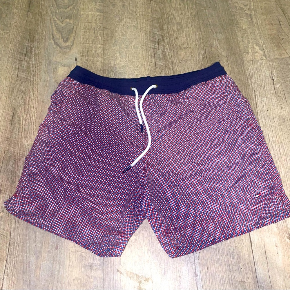 TOMMY HILFIGER Nautical Swim Trunk Short Mens Sz Small Red White Blue Drawstring